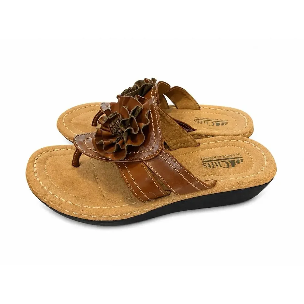 Cliffs by White Mountain Brown Flower Thong Sandals Size 7.5 Comfort Wedge